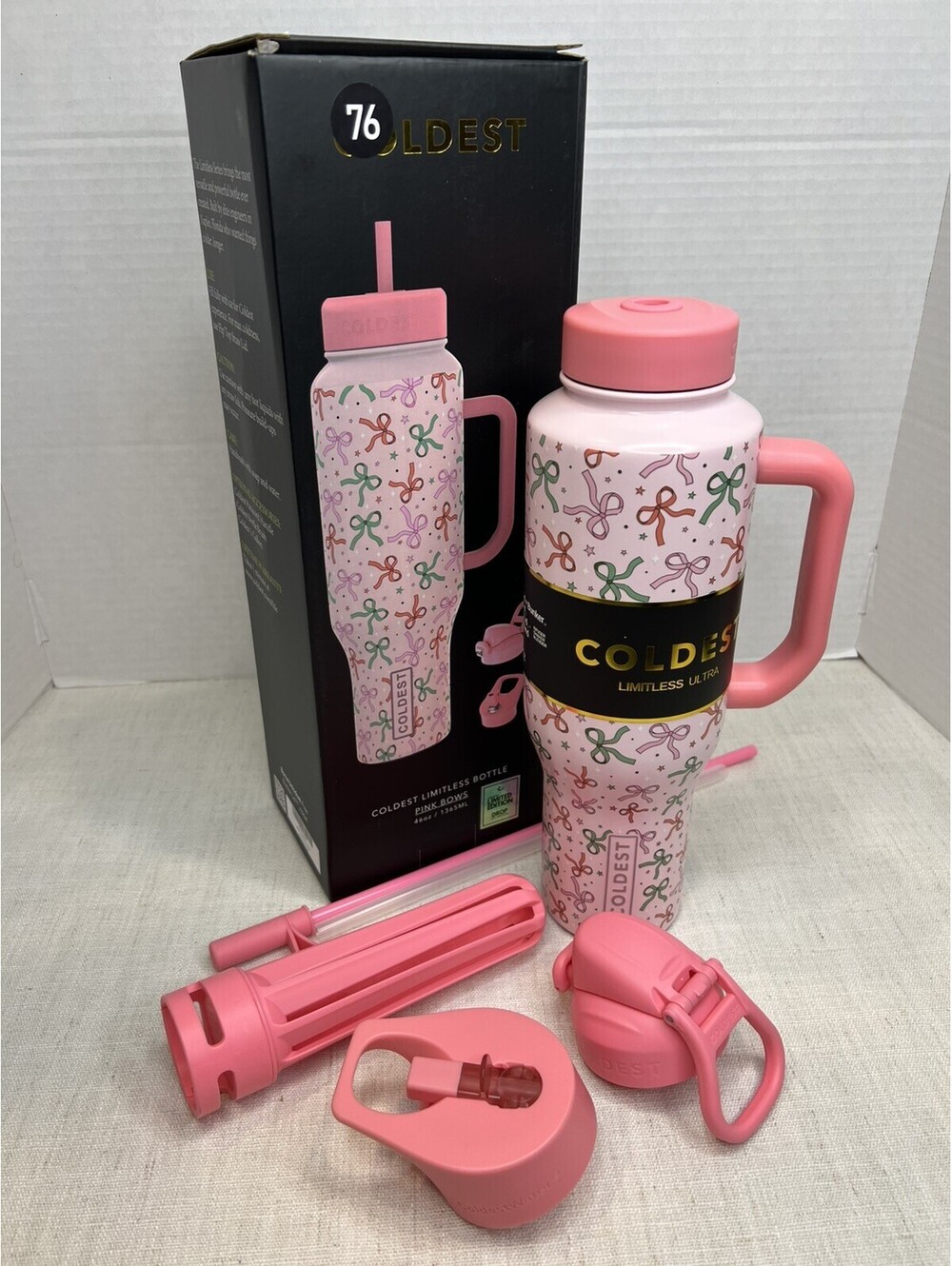 Coldest Pink Bows Limitless Bottle 46 oz Stainless Insulated Handle Straw 3 Lid